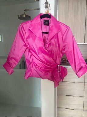 Women's Satin Wrap Blouse with Buckle Detail - Hot Pink